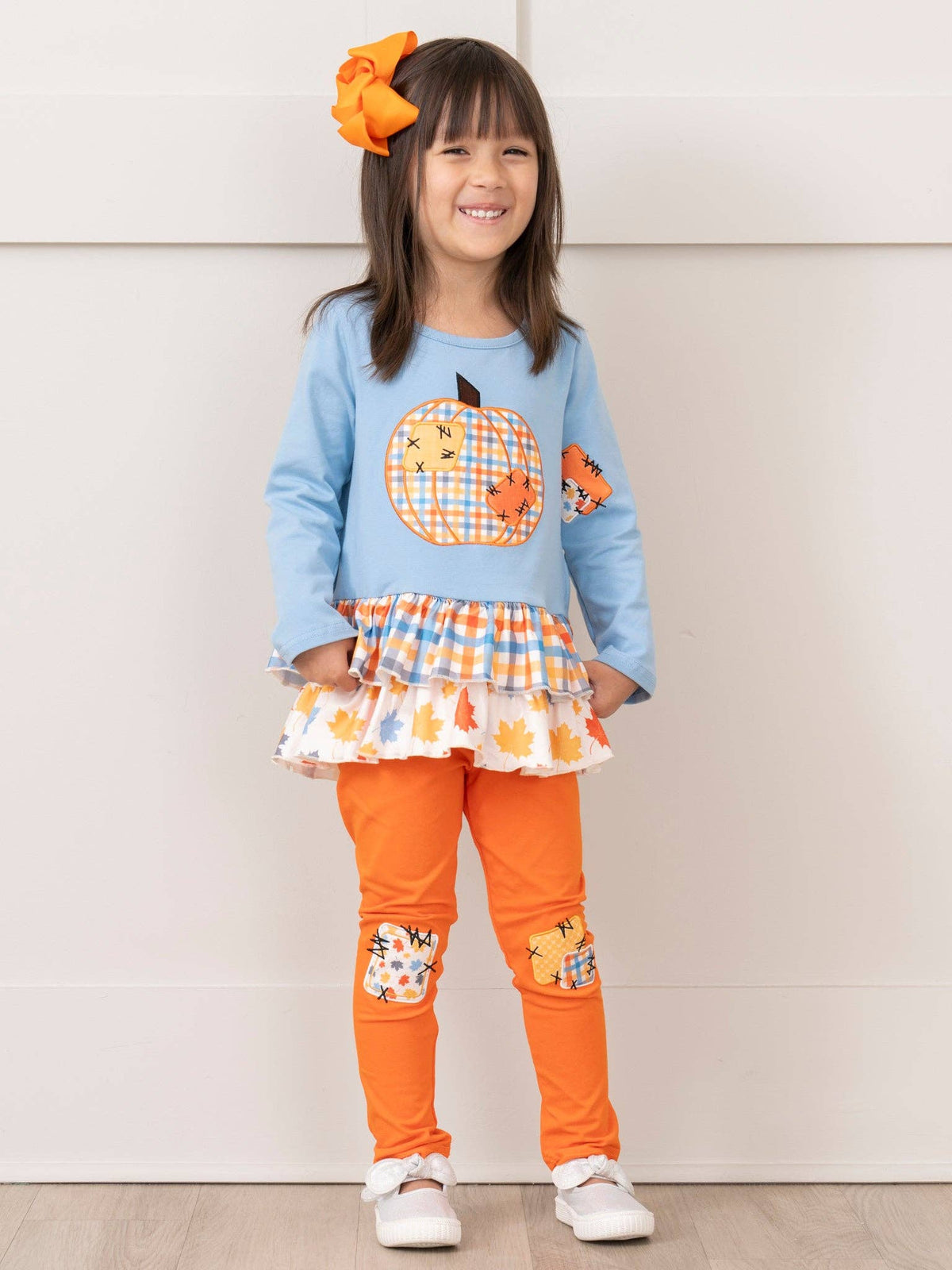 Soft Blue & Orange Gingham Patch Ruffle Outfit: XXXS(6/12mos)