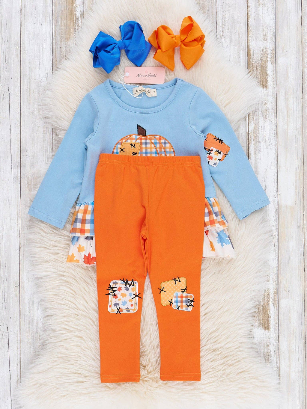 Soft Blue & Orange Gingham Patch Ruffle Outfit: XXXS(6/12mos)