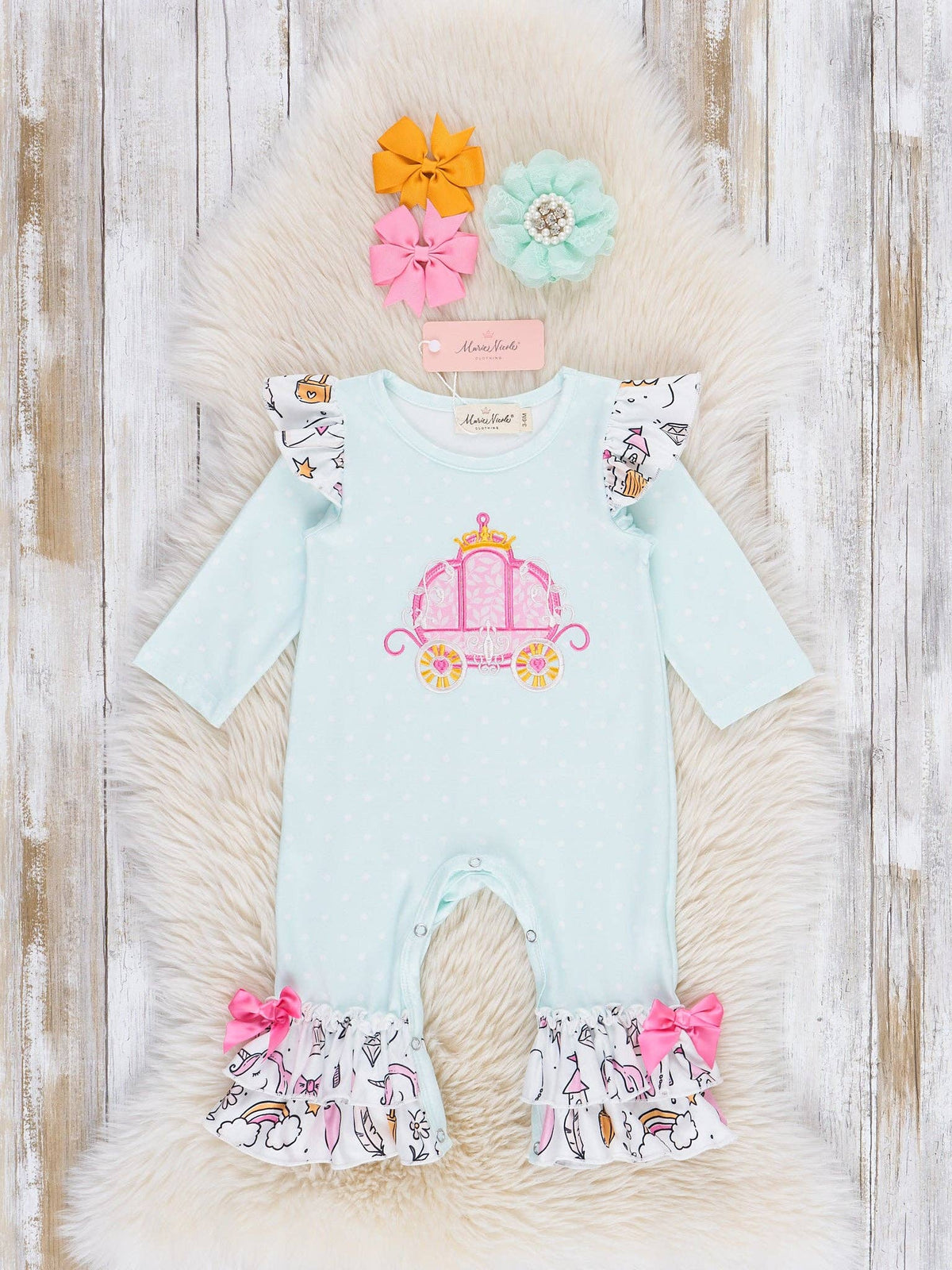 Pink & Light Blue Princess Carriage Ruffle Romper: 0/3MOS
